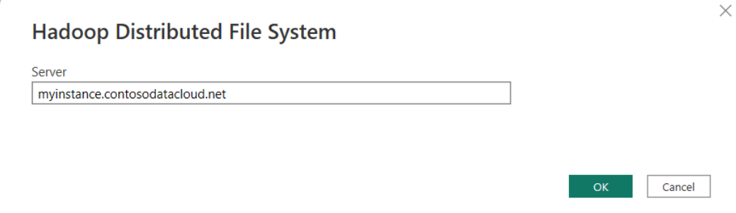 Screenshot of the Hadoop File (HDFS) dialog, showing the name of the server added.