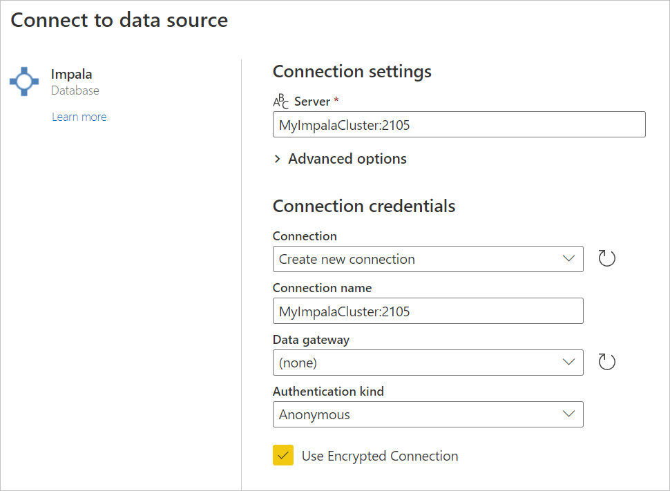 Immettere la connessione online al database impala.