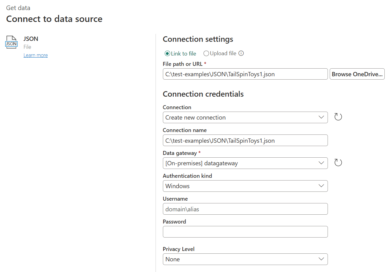 Immagine della finestra di dialogo di impostazione della connessione JSON dal servizio online, con un percorso di file, un gateway dati e autenticazione di Windows tipo visualizzato.