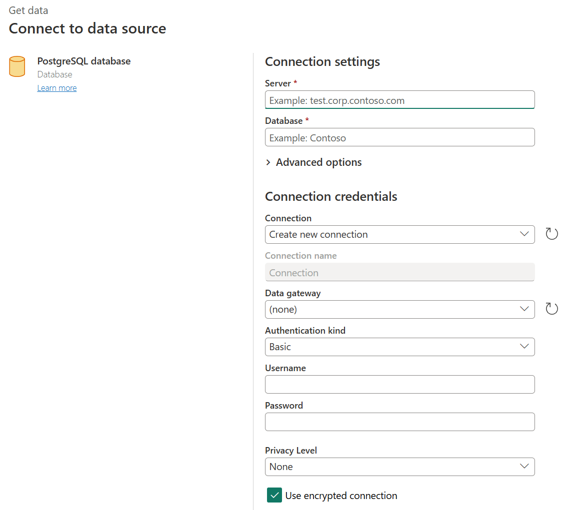 generatore di connessioni PostgreSQL in Power Query Online.