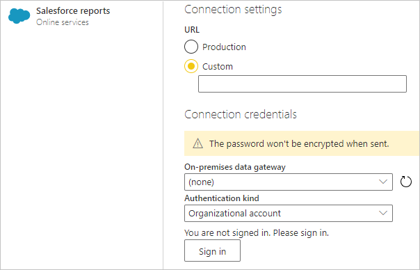 Aggiungere le informazioni di connessione di Salesforce Reports.