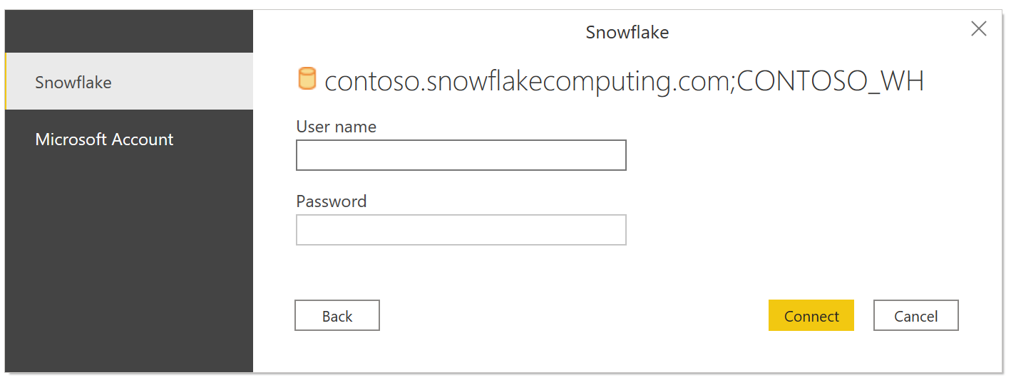 Screenshot della richiesta di credenziali di Snowflake, che mostra i campi Nome utente e Password.