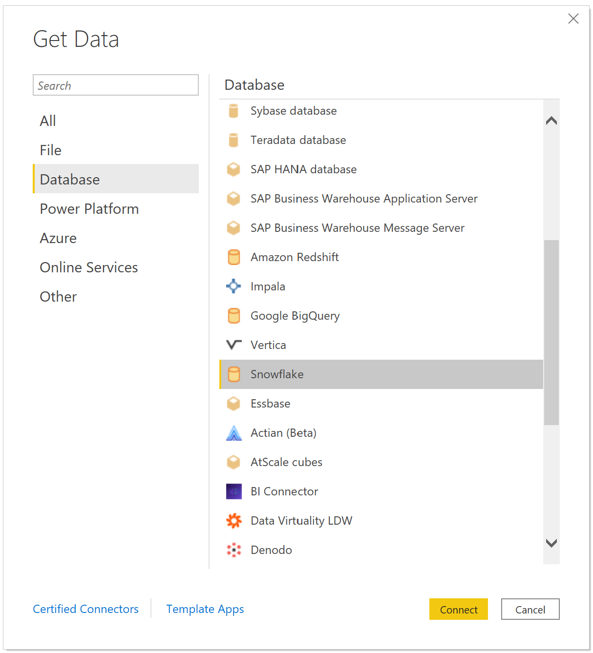 Screenshot della finestra di dialogo Recupera dati, che mostra la selezione del database Snowflake.