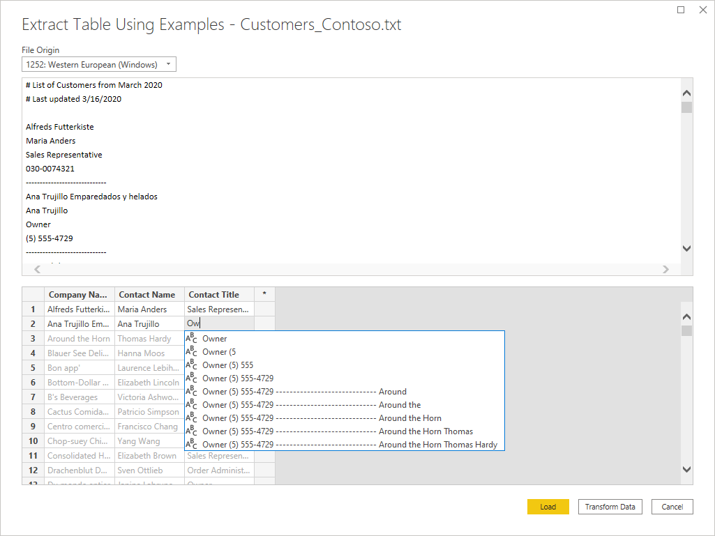 Specificare i valori di output di esempio per estrarre i dati.