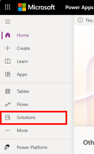 Screenshot della home page di Power Apps con la selezione Soluzioni evidenziata.