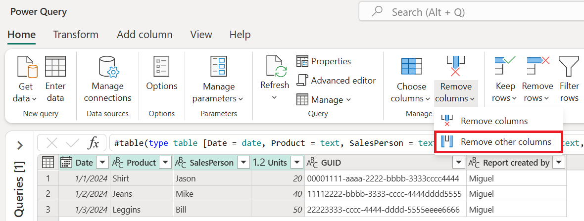 Screenshot della scheda Home di Power Query con l'opzione Rimuovi altre colonne evidenziata.