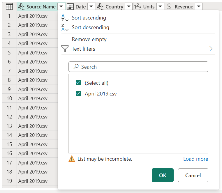 Screenshot della finestra di dialogo di filtro con un elenco incompleto dei file combinati.