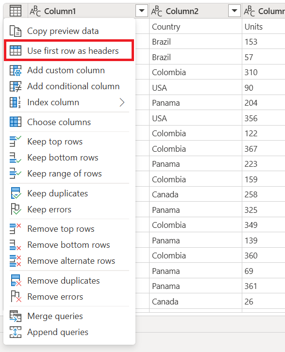 Screenshot del menu icona della tabella con l'opzione Usa prima riga come intestazioni evidenziata.