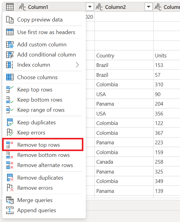 Screenshot del menu dell'icona della tabella con Rimuovi le prime righe evidenziate.