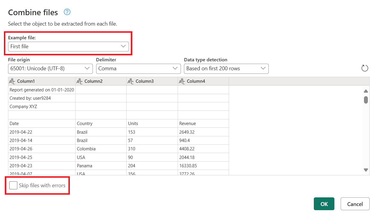 Screenshot della finestra di dialogo Combina file con il file di esempio e i file skip con opzioni di errore evidenziate.