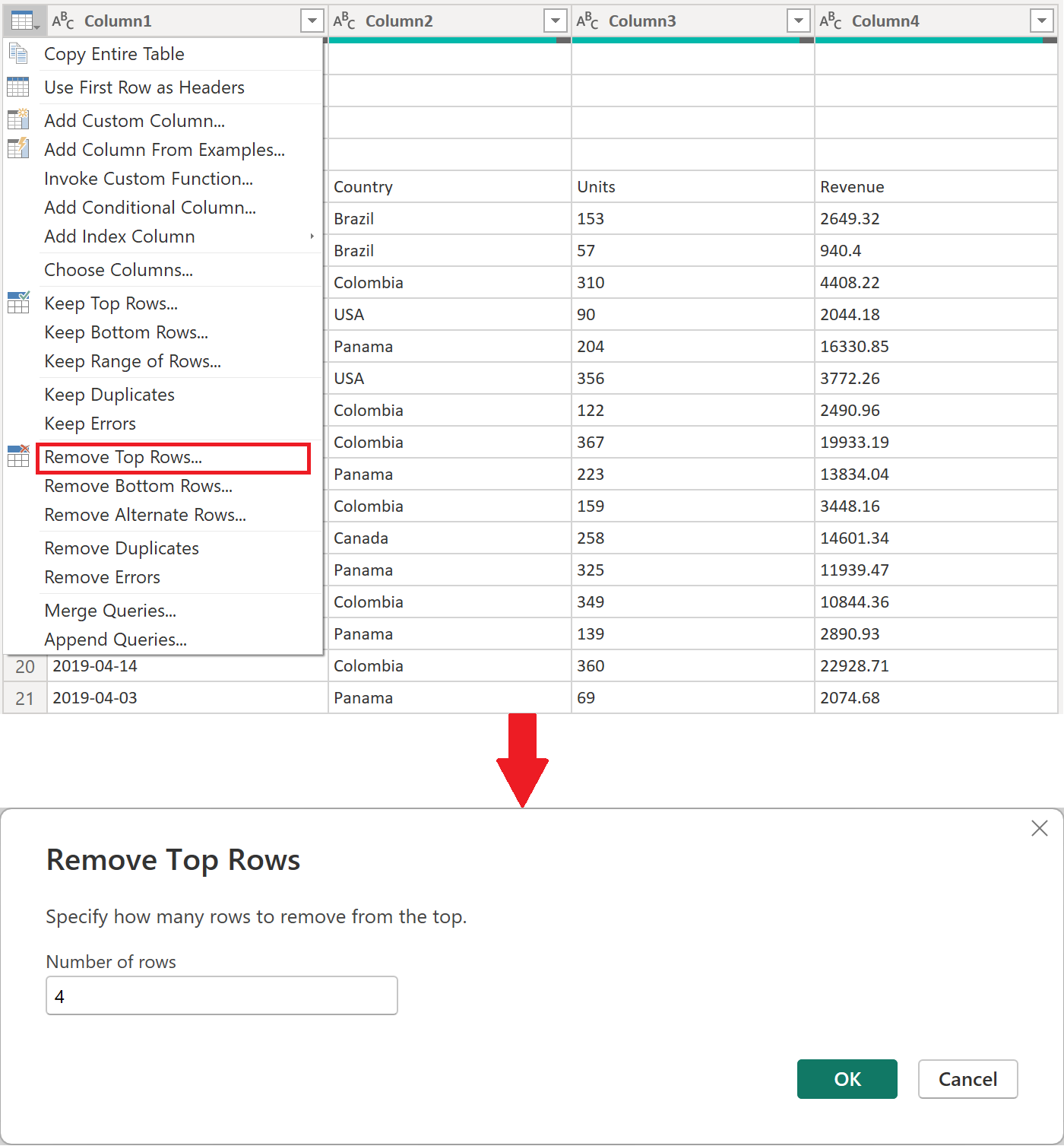 Screenshot dopo la rimozione delle prime righe dal file Transform Sample.