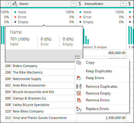 Screenshot della distribuzione della colonna dei nomi con 701 nomi validi (100 percento), zero errori e zero vuoti, con comandi di azione rapida visualizzati.