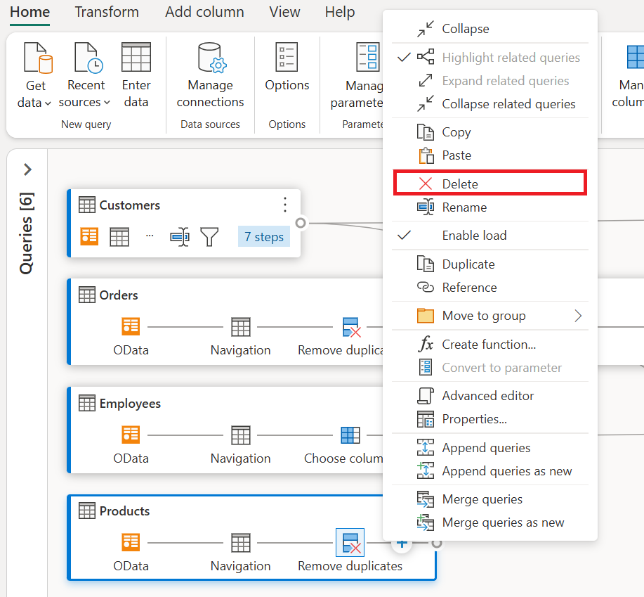 Screenshot dell'opzione di eliminazione all'interno del menu contestuale della query evidenziata.