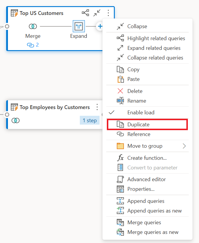 Screenshot dell'opzione duplicata all'interno del menu contestuale della query evidenziata.
