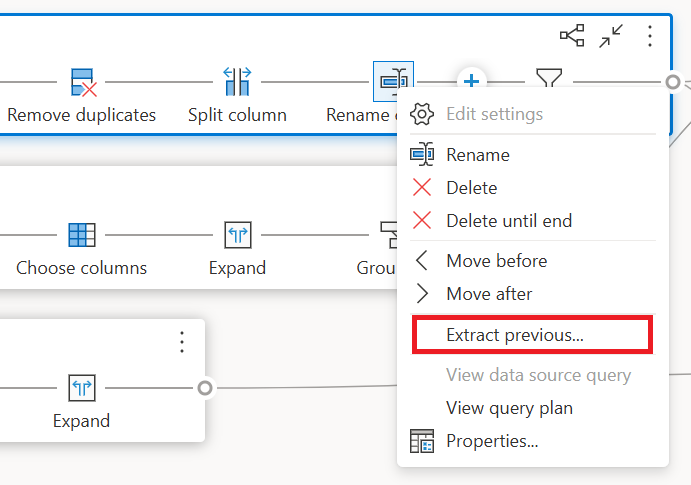 Screenshot dell'opzione Estrai precedente all'interno del menu contestuale a livello di passaggio dopo aver fatto clic con il pulsante destro del mouse su un passaggio.