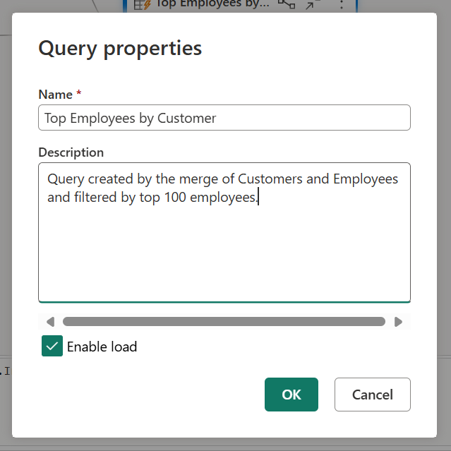 Screenshot della finestra delle proprietà della query per la query Top Employees by Customers con una descrizione personalizzata.