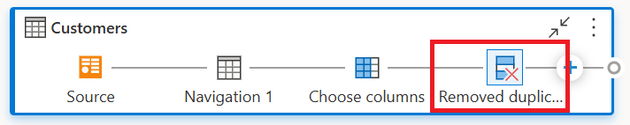 Screenshot della trasformazione Rimuovi duplicati aggiunti tramite l'uso dell'icona con il segno più nella query quando si trova nella visualizzazione diagramma.