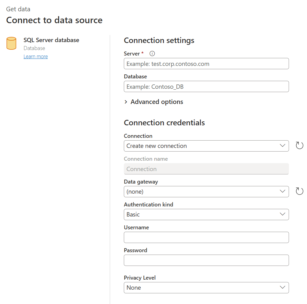 Screenshot della pagina Connetti all'origine dati usando il connettore di database di SQL Server.