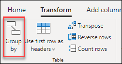 Screenshot della barra multifunzione di Power Query con l'opzione Raggruppa per evidenziata nella scheda Trasforma.