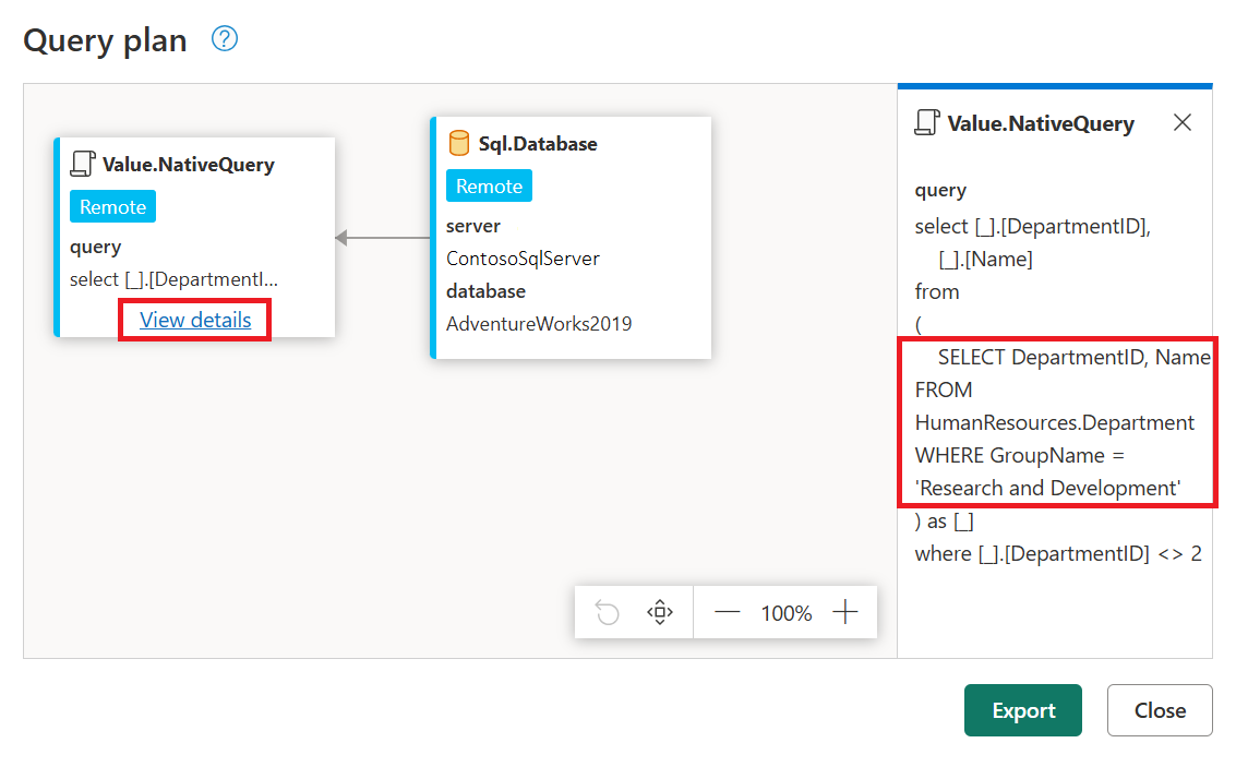 Screenshot del piano di query per il passaggio Righe filtrate.