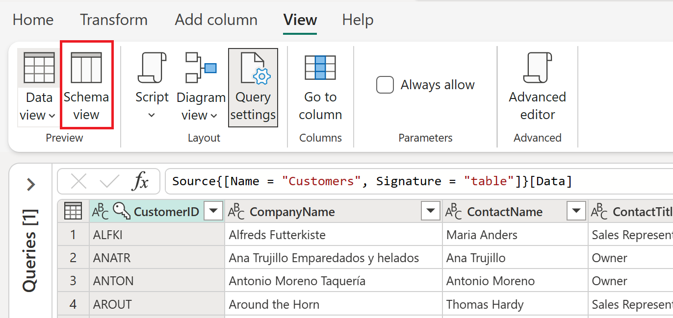 Screenshot che evidenzia il pulsante Visualizzazione schema presente nella scheda Visualizza della barra multifunzione di Power Query.