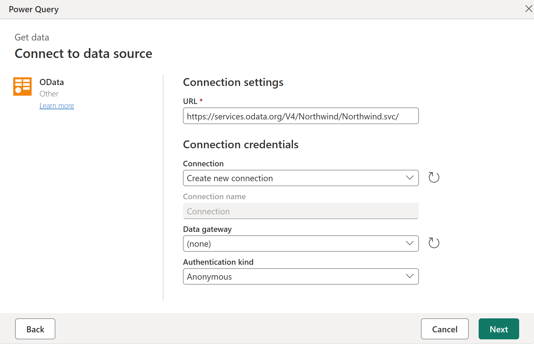 Screenshot della pagina OData Connect to data source con l'URI Northwind immesso nella sezione URL.