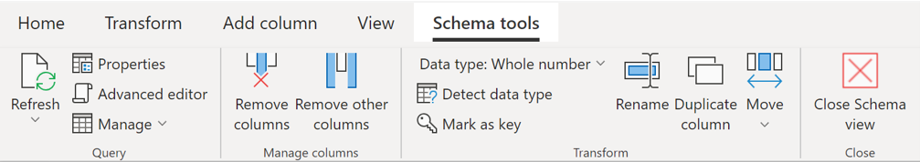 Strumenti schema è una scheda contestuale nella barra multifunzione disponibile quando si trova nella visualizzazione Schema con le trasformazioni a livello di colonna più usate.