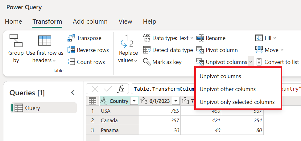 Screenshot del comando Unpivot columns (Colonne unpivot) nella scheda Transform (Trasforma).