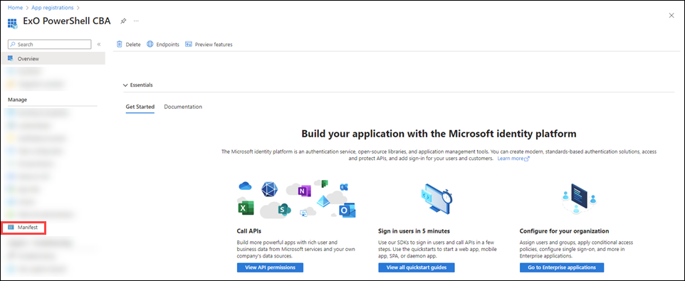 Selezionare Autorizzazioni API nella pagina di panoramica dell'applicazione.