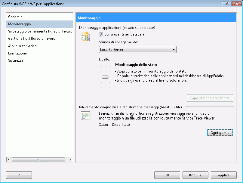 Configurazione del monitoraggio di AppFabric