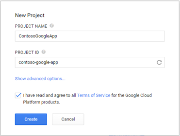 finestra di dialogo Nuovo progetto di Google Developer Console