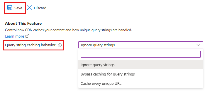 Screenshot delle opzioni di caching della stringa di query per la rete di distribuzione dei contenuti.