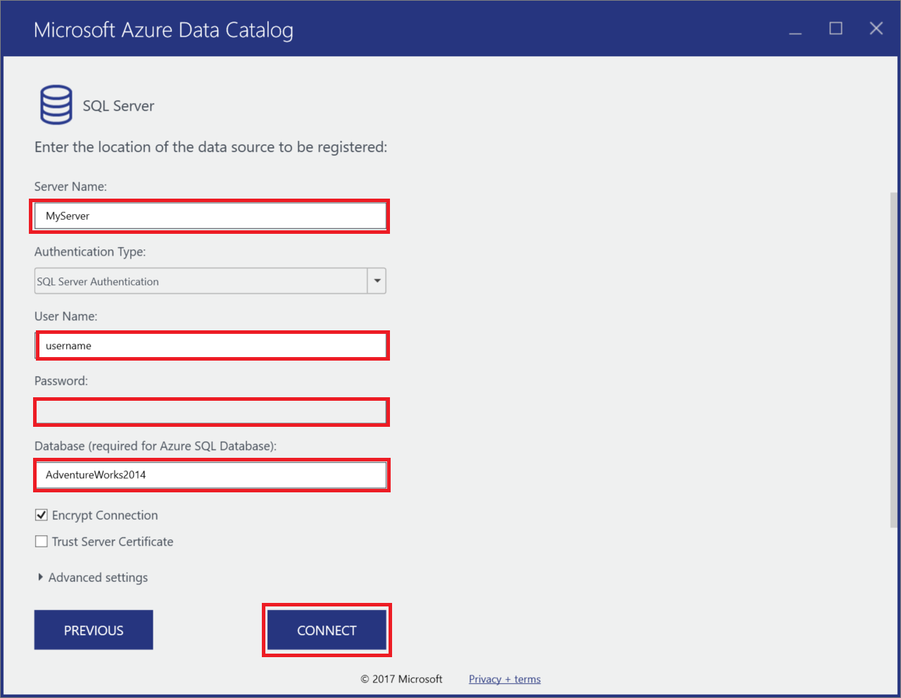 Nella pagina delle proprietà di connessione del server S Q L le caselle di testo sono evidenziate per questi attributi: Nome server, Nome utente, Password e Database. Viene quindi selezionato il pulsante Connetti.