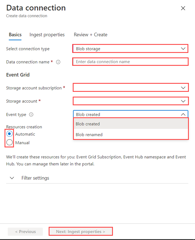 Screenshot della scheda Informazioni di base sulla connessione dati, che mostra le opzioni per il tipo di connessione dell'archiviazione BLOB.