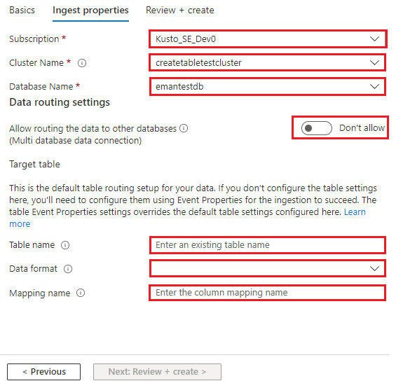 Screenshot della scheda Proprietà inserimento connessione dati, che mostra le proprietà di routing dati e sottoscrizione.