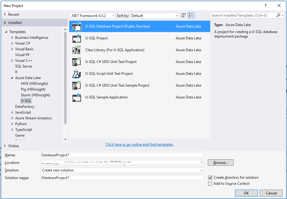 Strumenti Data Lake per Visual Studio--crea progetto di database U-SQL