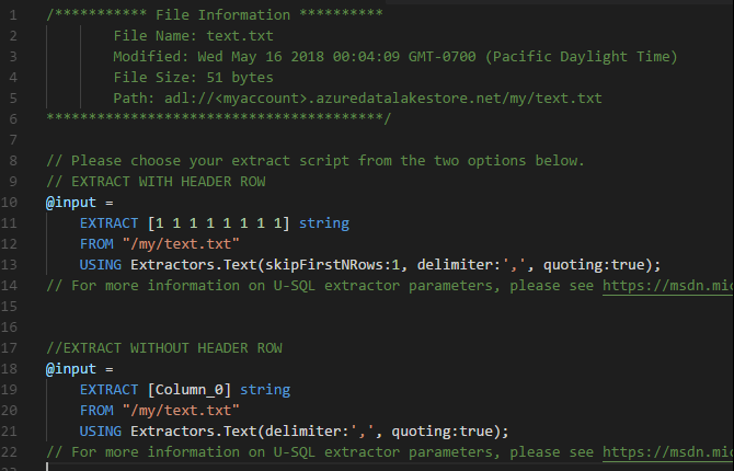 Risultato della creazione di uno script di estrazione