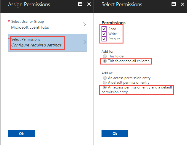 Screenshot della sezione Assegna autorizzazioni con l'opzione Seleziona autorizzazioni chiamata. La sezione Seleziona autorizzazioni è accanto a essa con le opzioni Read, Write e Execute, l'opzione Aggiungi a e l'opzione Aggiungi come chiamata.