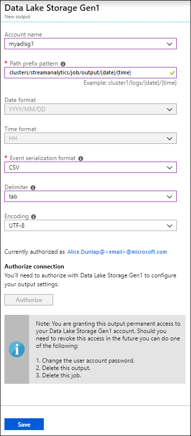 Screenshot del pannello Data Lake Storage Gen 1 - nuovo output.