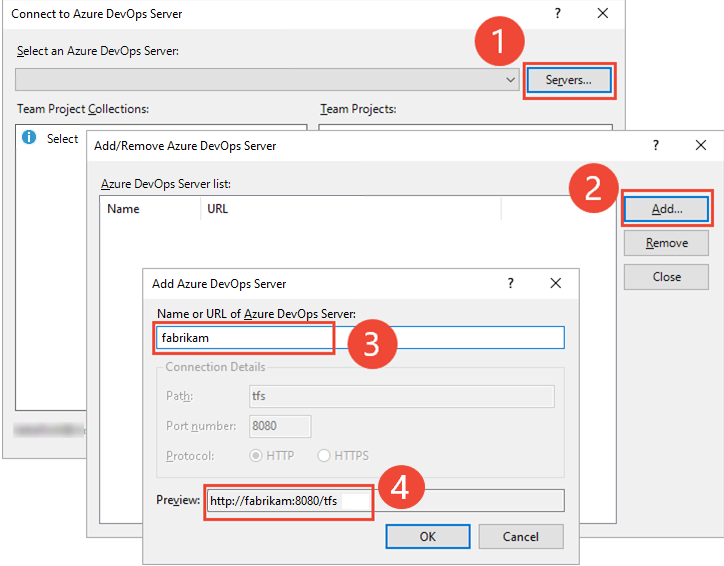 Connect to Azure Server sub-dialogs, on-premises versions