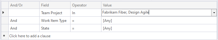 Screenshot of Visual Studio Query Editor, flat-list query, specify two projects clause