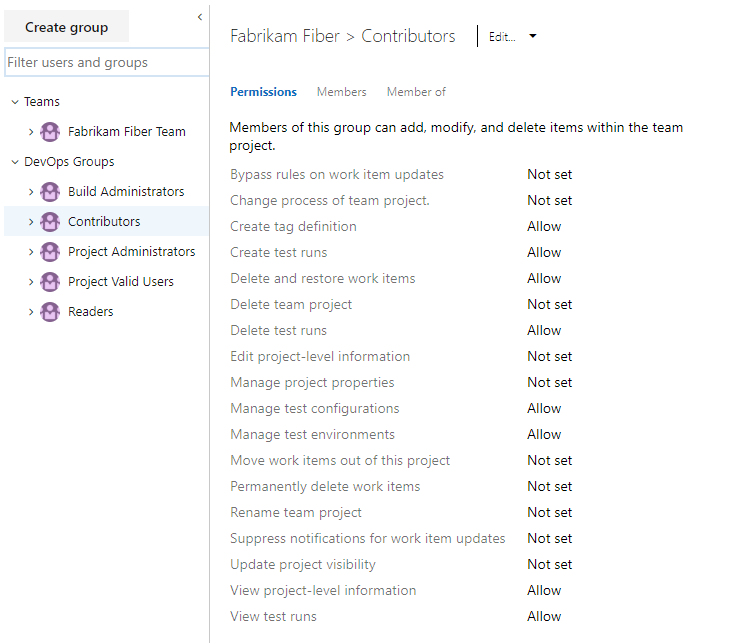 Screenshot of Project-level permissions dialog, TFS-2018 and earlier versions.