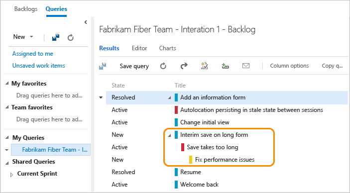 Sprint backlog query shows linked bug and task 