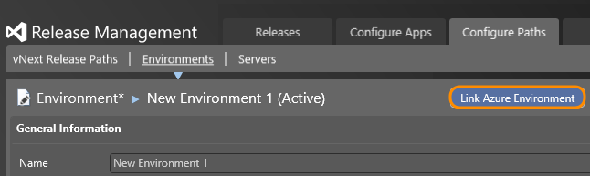 Configure Paths tab; Environments tab; click Link Azure Environment