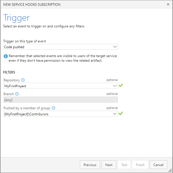 Configure the event dialog box