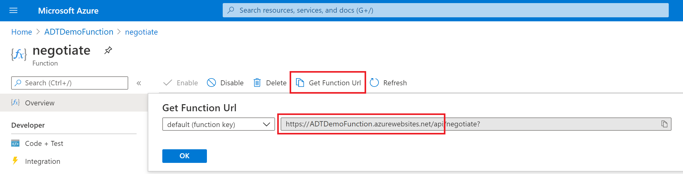 Screenshot del portale di Azure che mostra la funzione 'negotiate' con il pulsante 'Get function URL' e l'URL della funzione evidenziato.