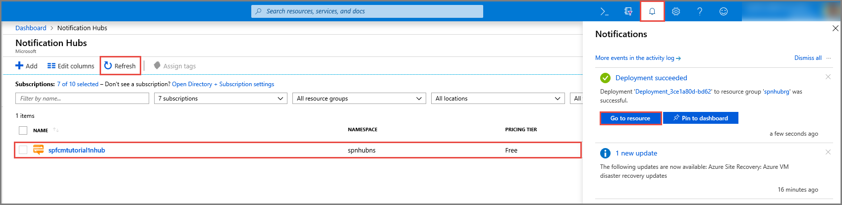 portale di Azure - notifiche -> Passare alla risorsa