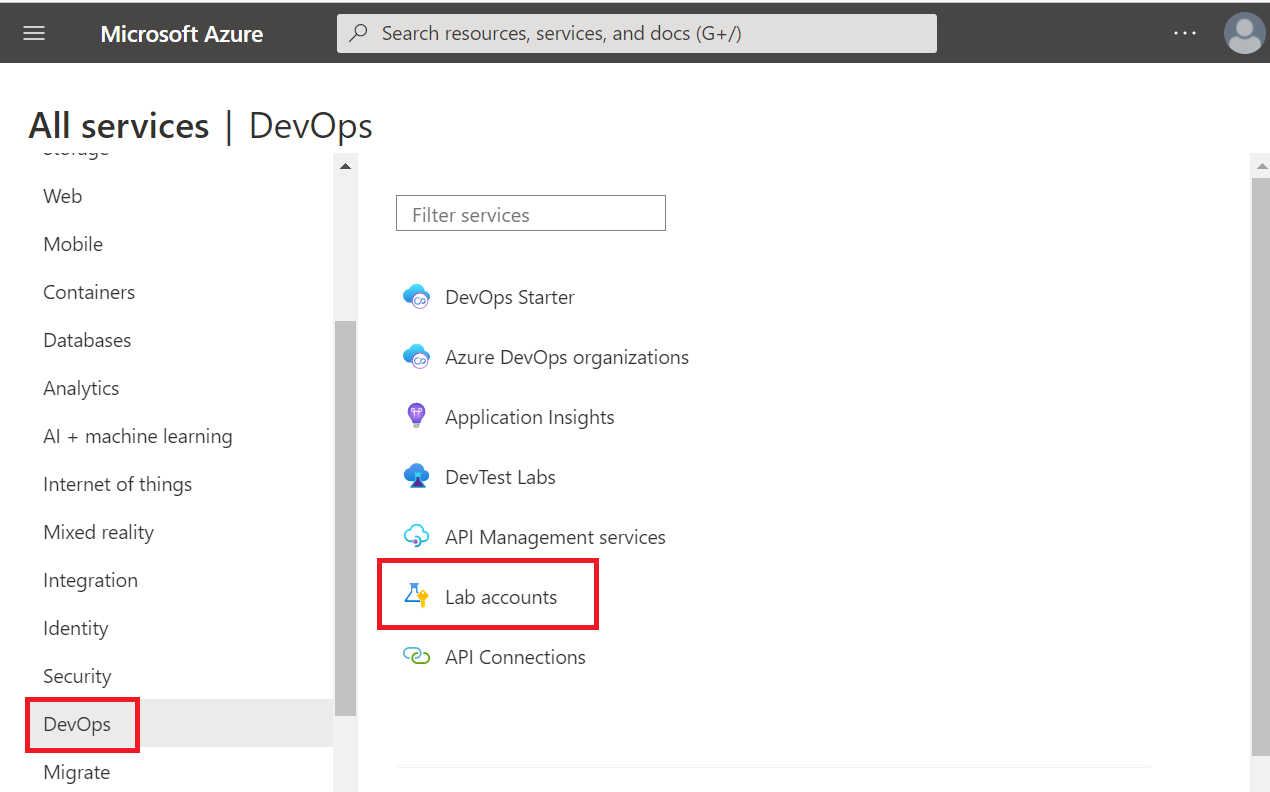 Screenshot della pagina Tutti i servizi nel portale di Azure. La categoria Dev Ops e gli elementi DevTest Labs sono evidenziati.