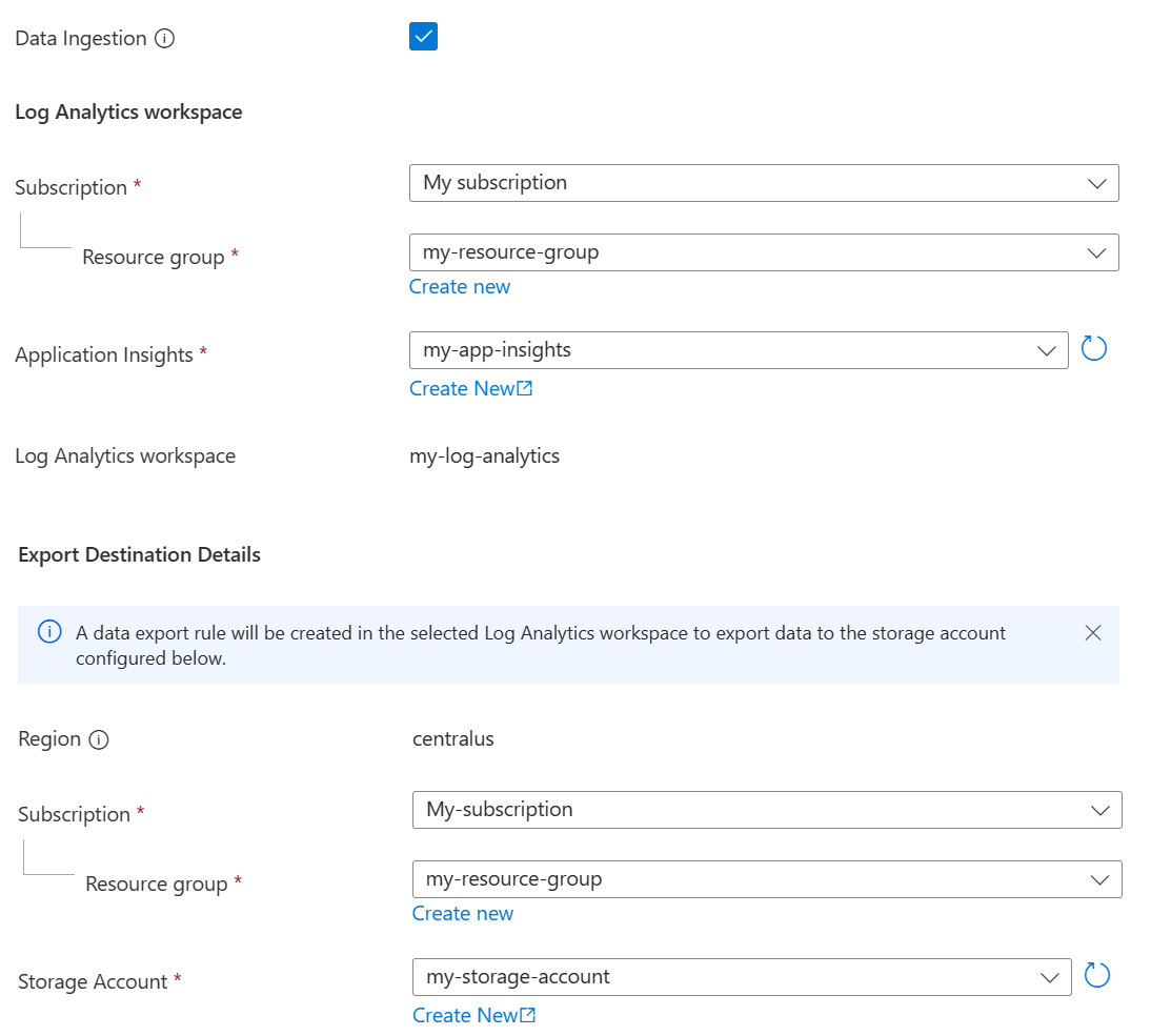 Screenshot del portale di Azure, compilando la scheda dell'origine dei dati per creare una nuova risorsa.