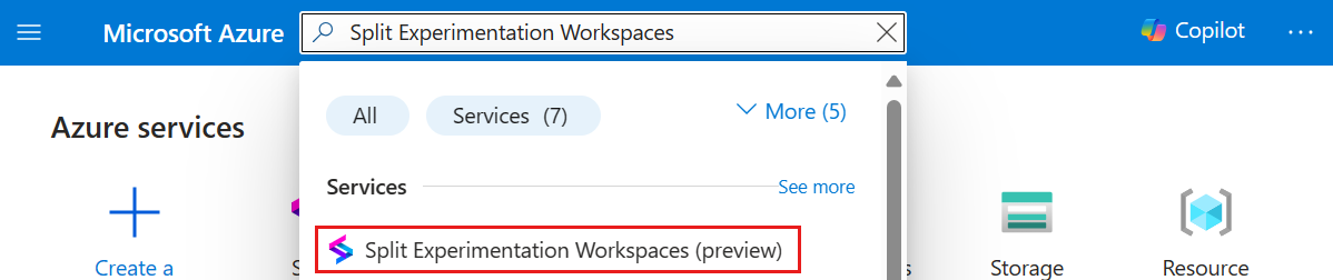 Screenshot del portale di Azure, cercare Split Experimentation Workspace nella barra di ricerca.